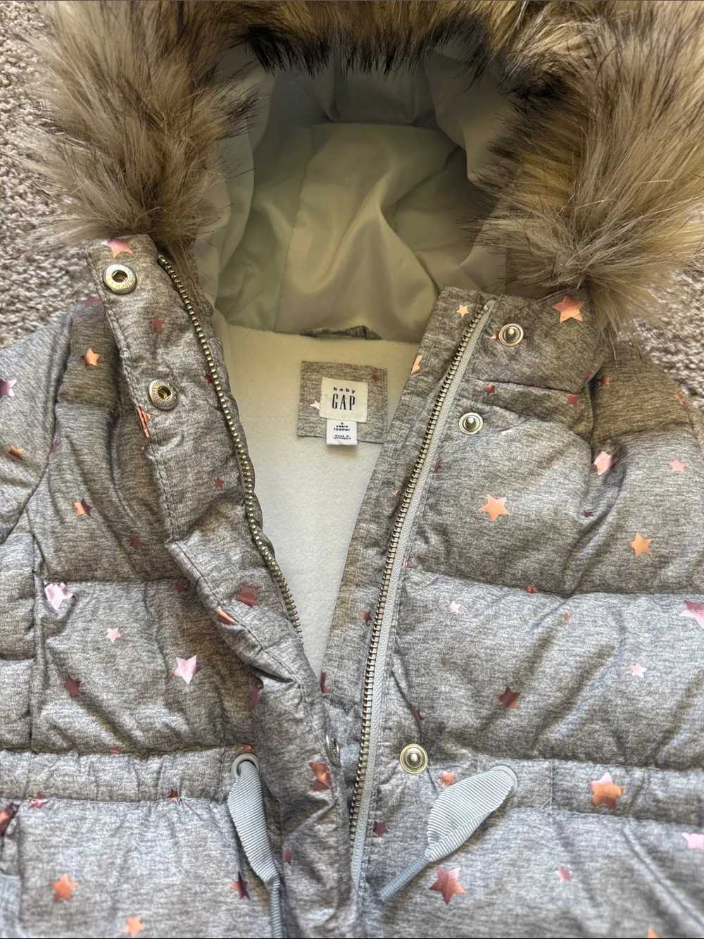 Baby GAP 🩶GRAY WITH ROSE-GOLD STAR ACCENTS🩶 3 YRS TODDLER PUFFER COAT 🌟EUC🌟